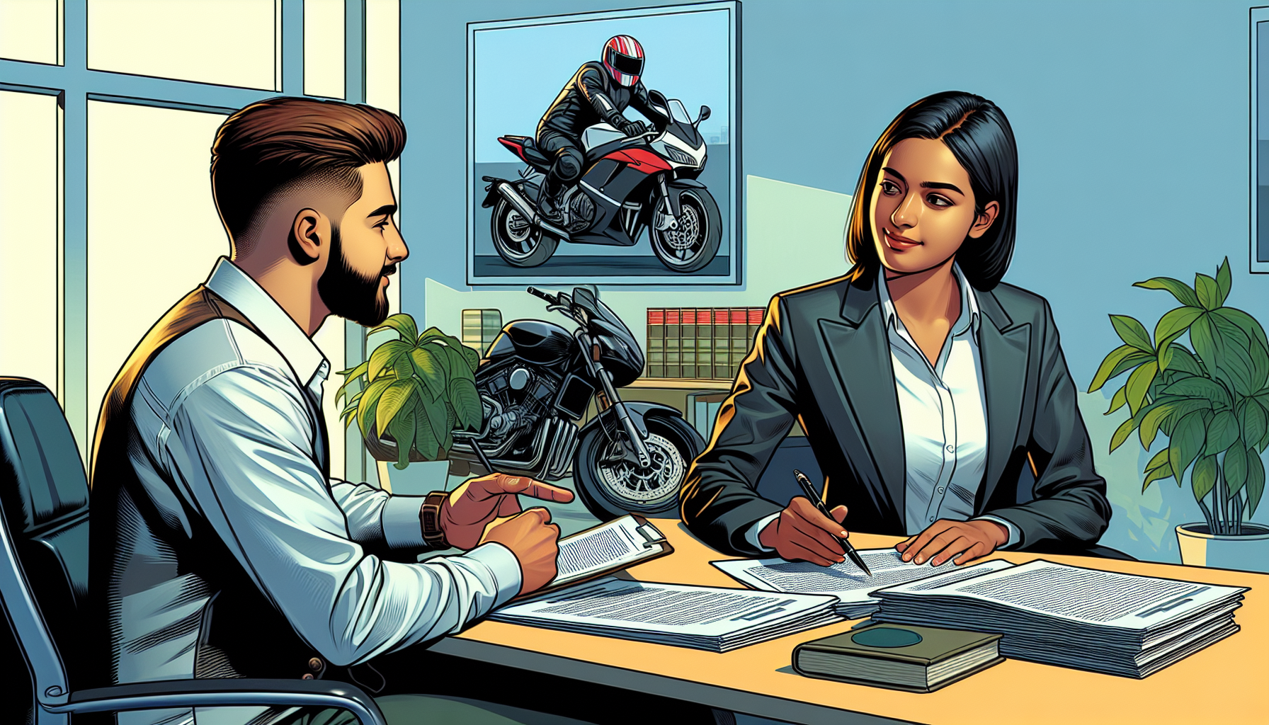 A detailed consultation scene between a potential client, who is a motorcyclist, and a motorcycle accident lawyer in a professional law office setting, illustrating an engaged discussion with the client asking questions and the lawyer explaining using documents and legal texts, focusing on clarity, comfort, and confidence in communication style.