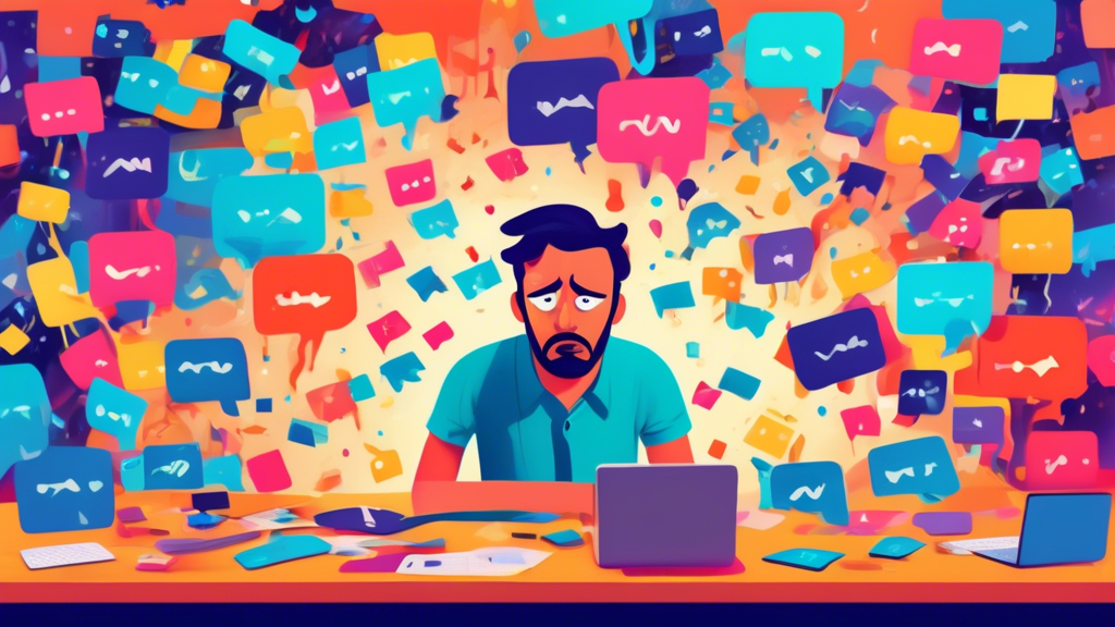 A frustrated business owner overwhelmed by a jumbled mess of online review platforms, struggling to choose the right customer review software for their needs.