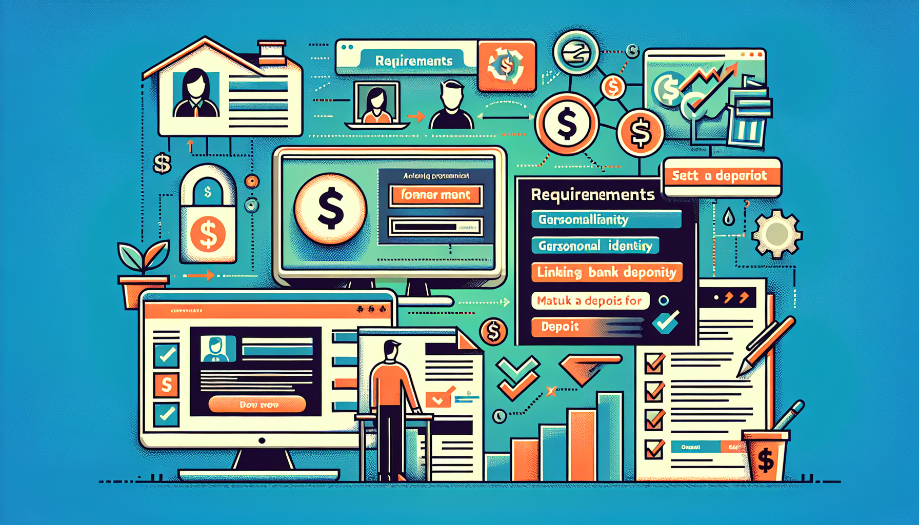 Create an engaging and detailed image illustrating the step-by-step process of setting up a Questrade margin account. Include elements such as a computer screen displaying the Questrade website, a checklist of requirements, and a user filling out an online form. Show key steps like verification of identity, linking a bank account, and initial deposit. Add-in subtle financial symbols like dollar signs or stock charts to reinforce the investment theme. The overall tone should be informative and user-friendly to guide new users through the process.