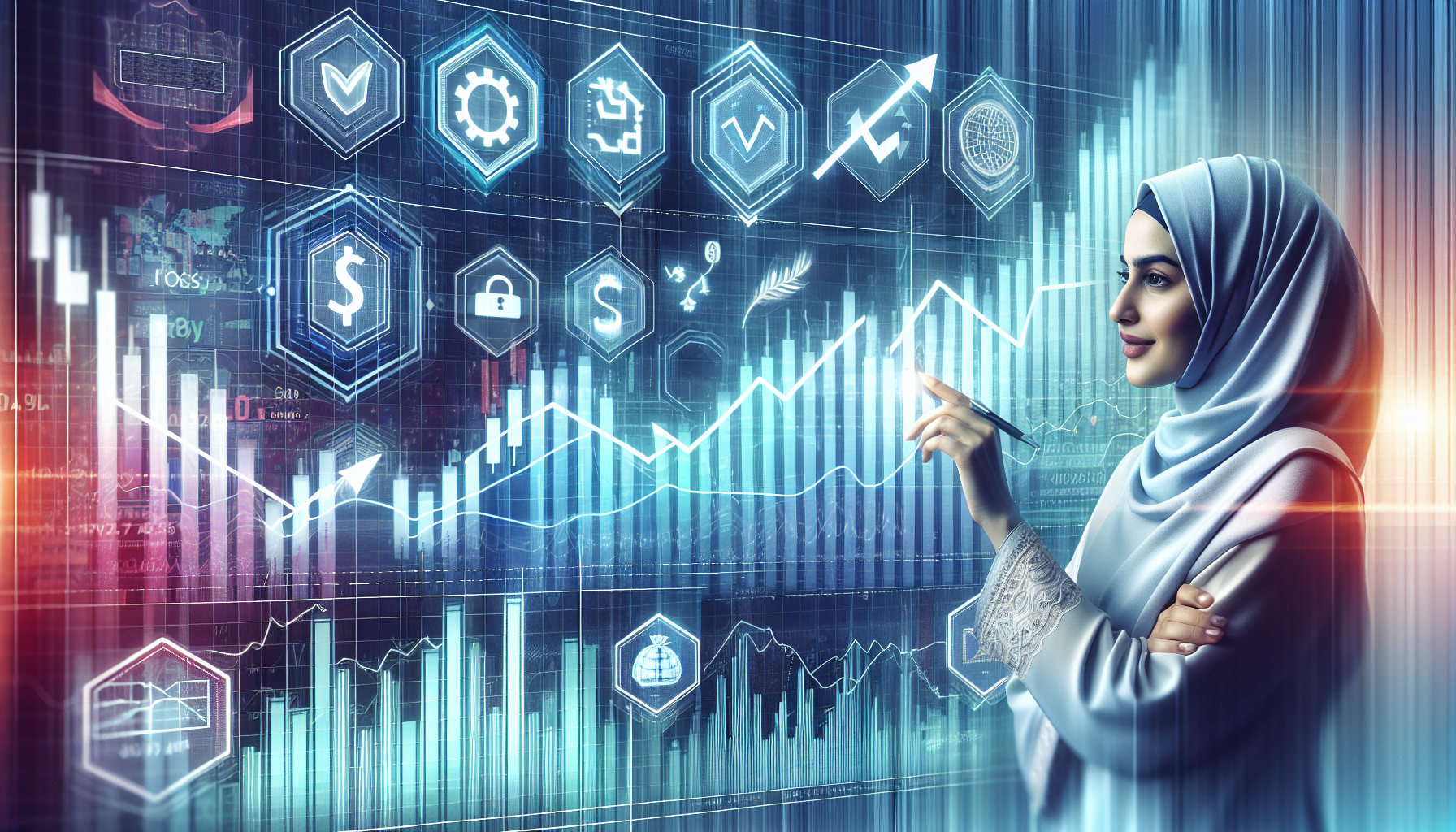 Create an image featuring a dynamic financial chart with rising bars and arrows, overlaid with icons and symbols representing various risk management strategies like stop-loss orders, liquidity maintenance, and portfolio diversification. The background should subtly integrate the Questrade logo and a calm, confident investor monitoring the data, symbolizing best practices and informed decision-making in using a Questrade margin account.