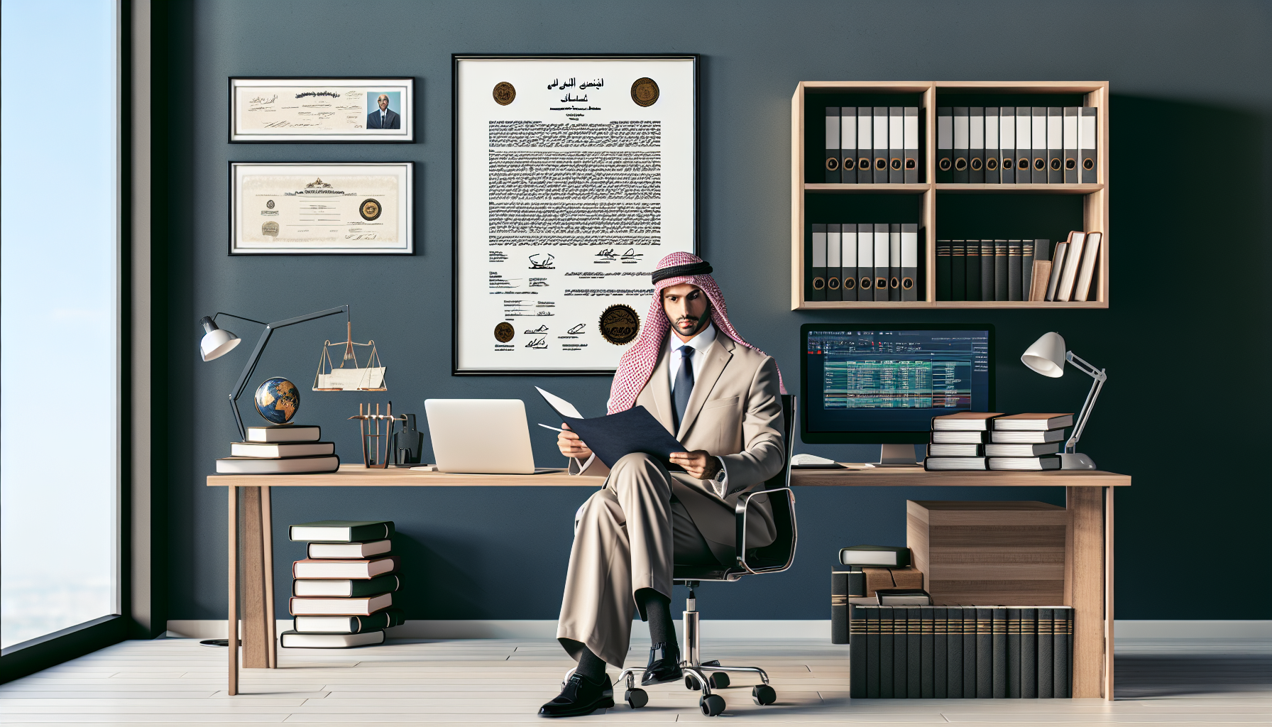 An organized office setting with a competent and focused accident injury attorney reviewing a large client case file on their desk, surrounded by legal books, a laptop showing legal search databases, and a visible certificate of legal accreditation on the wall.