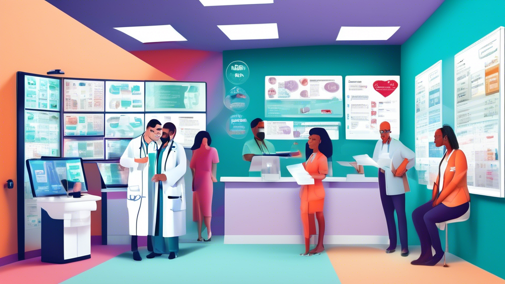 Composite image showing a variety of healthcare settings such as clinics, urgent care centers, and private practices, each with visible pricing signage and digital screens displaying a health comparison website. Include a group of diverse drivers discussing with a healthcare administrator about package deals for DOT physicals.
