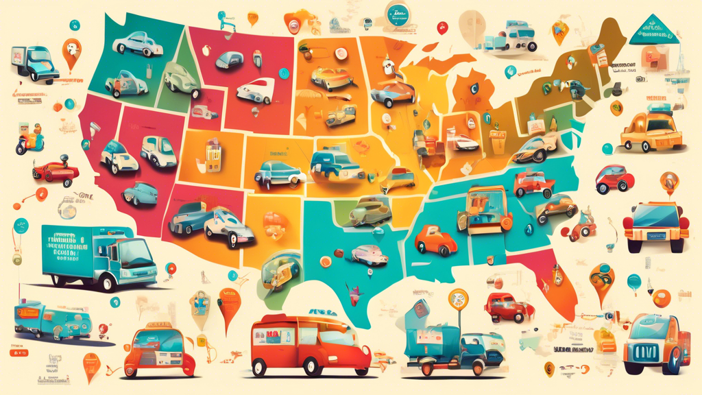 Illustration of a map dotted with icons of local and national chain clinics across the United States, each marked with price tags showing affordable rates for DOT physical exams, with happy cartoon drivers in various transportation vehicles showing thumbs up around the edges of the map, symbolizing satisfaction from obtaining budget-friendly DOT exams.