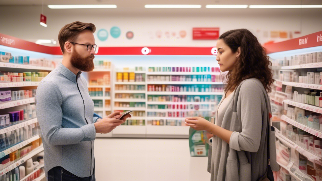 Set inside a brightly lit Target store with a dedicated health and wellness section, visually depict a curious shopper examining various hangover patches on the shelf. Nearby, a large digital screen displays positive customer reviews and snippets from scientific studies highlighting the effectiveness of the ingredients. In the background, other customers can be seen comparing these patches with traditional hangover remedies like water bottles and aspirin.