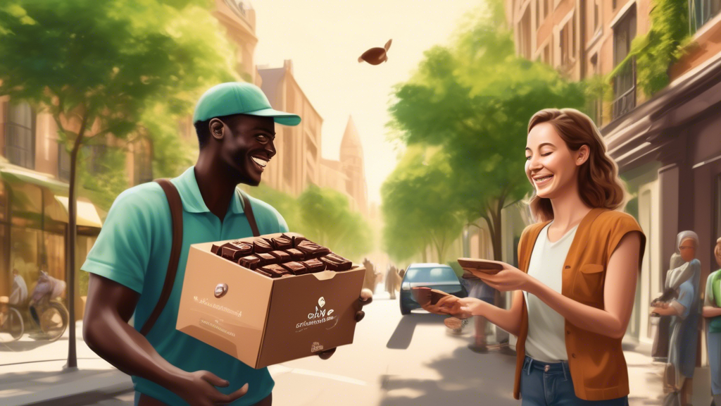 An image of an eco-conscious chocolate delivery service in action, featuring a courier handing over a package of artisan chocolates wrapped in sustainable, biodegradable packaging to a smiling customer, with a backdrop of a green, leafy urban area emphasizing an environmentally-friendly setting.