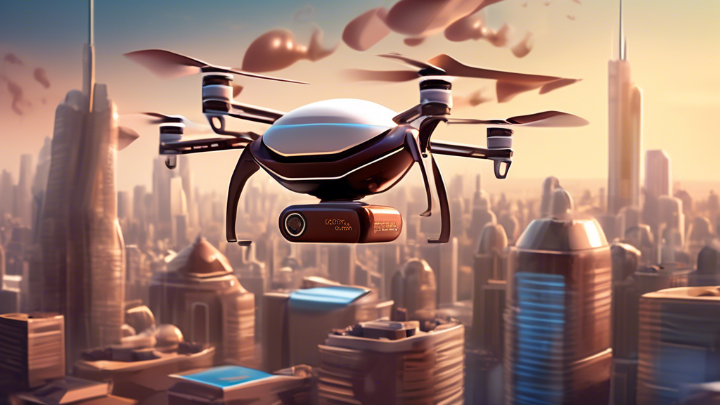 Prompt: Illustrate a futuristic cityscape where drones deliver artisanal chocolates directly to consumers