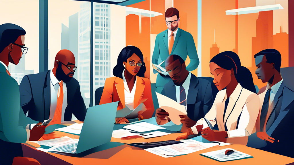 Create an image of a busy urban office environment with a diverse group of confident lawyers, including men and women of various races, gathered around a conference table with legal documents and digital devices, showing a strong, professional team ready to discuss accident compensation cases in Charlotte.