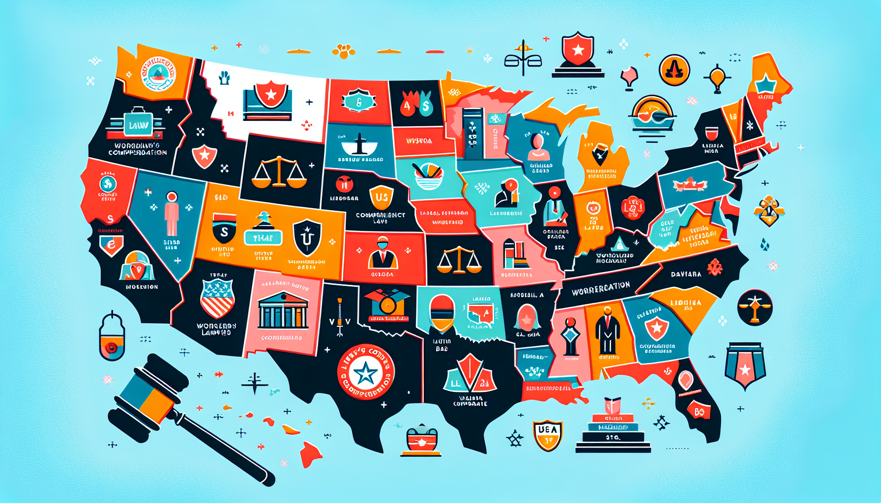 An illustrated map of the United States highlighting different states with various icons symbolizing top-rated workman