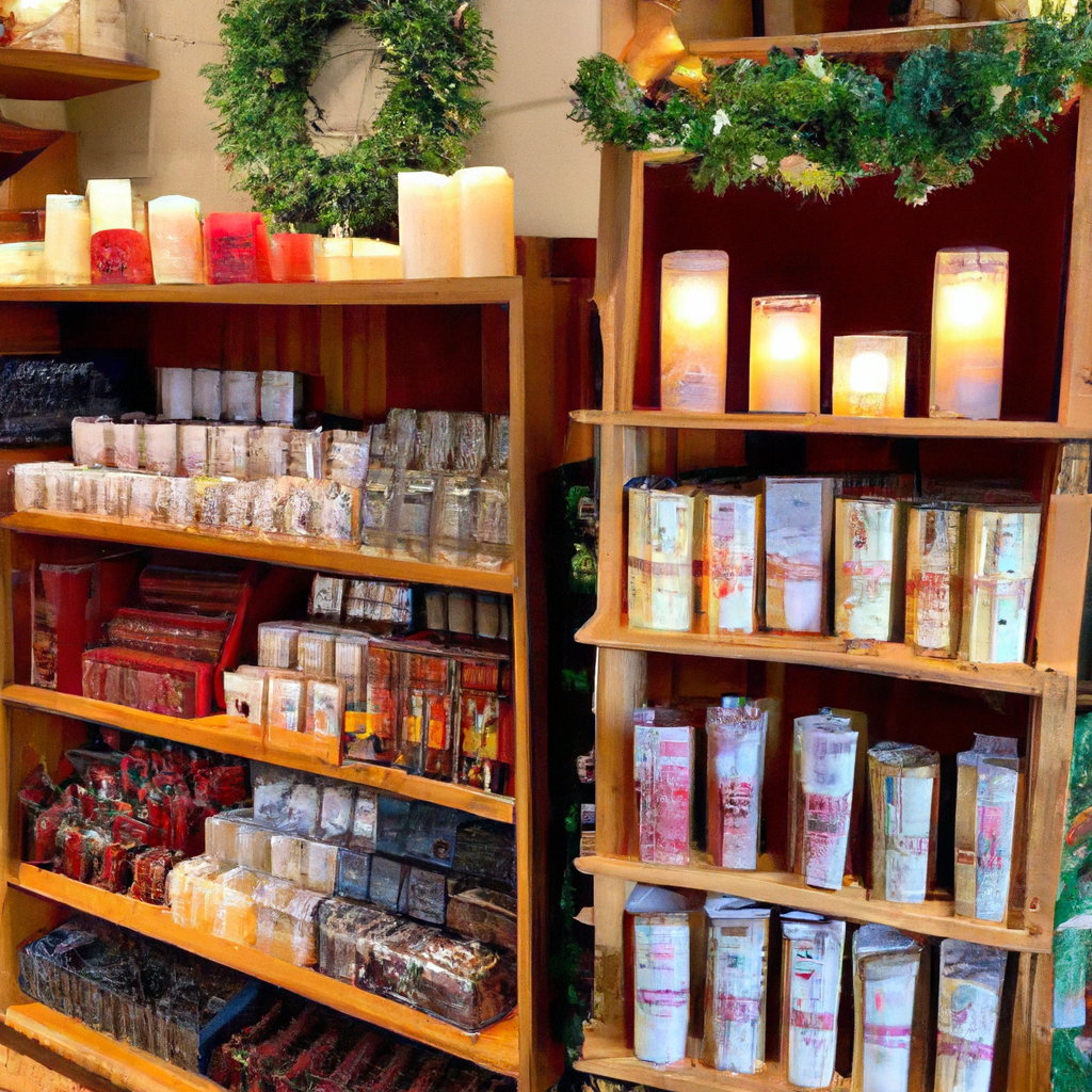 A cozy Christmas-themed shop in New Zealand, showcasing a variety of beautifully packaged Christmas scented candles displayed on rustic wooden shelves. Include local NZ candle makers’ brands prominently featured, with festive décor such as holly, fairy lights, and pinecones around the display. Add a sign indicating seasonal deals and discounts, creating a warm and inviting holiday atmosphere.