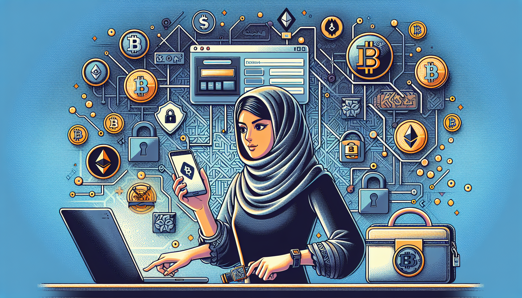 Create a detailed illustration that visualizes the process of getting started with cryptocurrency. The image should include a person setting up their first cryptocurrency wallet on a smartphone, navigating a user-friendly cryptocurrency exchange platform on a laptop, and following best practices for security, such as enabling two-factor authentication and using strong passwords. The background can feature subtle elements like blockchain icons, digital currency symbols (Bitcoin, Ethereum), and a secure lock symbol to emphasize security.