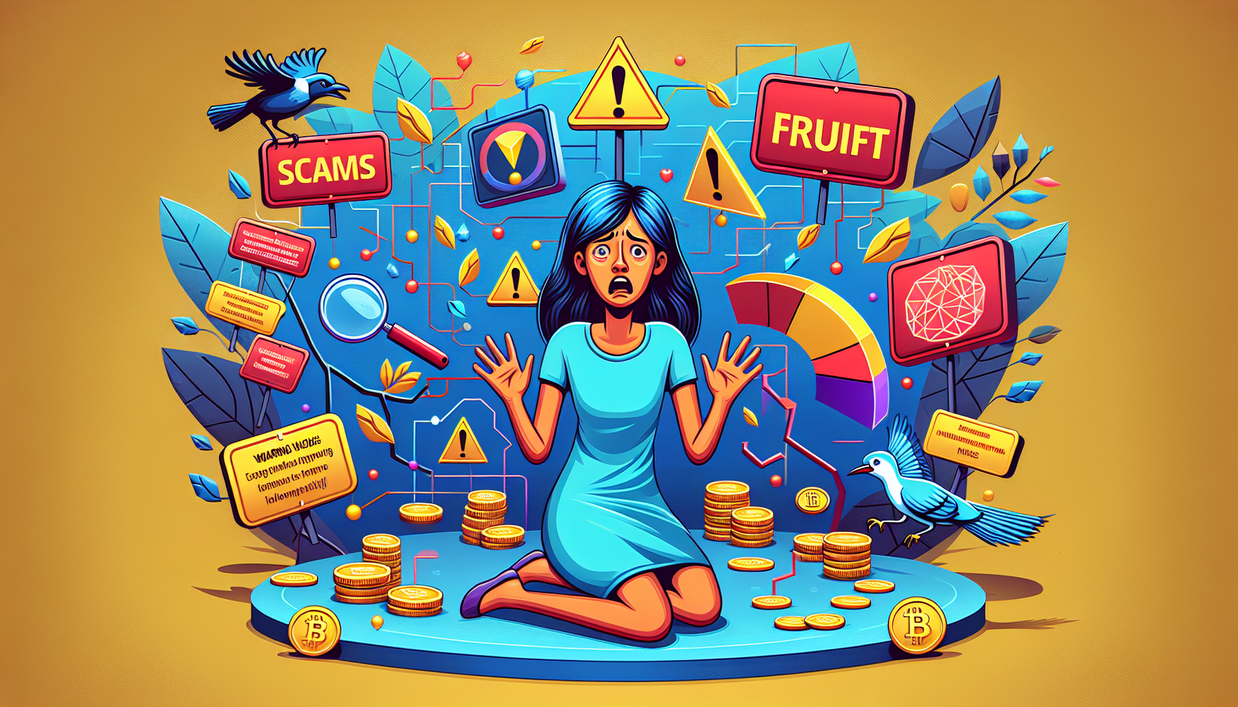 **Prompt for DALL-E:** Create an image illustrating common mistakes to avoid in cryptocurrency investing. Show a worried beginner surrounded by scattered elements like warning signs for scams and fraud, an unbalanced portfolio graph, and alerts from unreliable news sources. Incorporate symbols of digital currency like Bitcoin and Ethereum to emphasize the context.