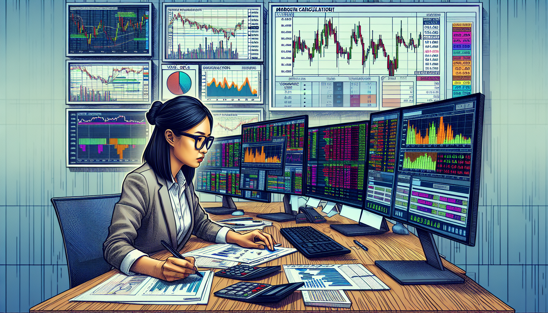 Create an image that depicts a trader sitting in front of multiple computer screens with stock charts, calculators, and financial documents. On one of the screens, there is a prominently displayed margin calculation tool. The trader appears focused and is jotting down notes or inputting data into the computer. In the background, visualize tools and resources like trading guides or books labeled 