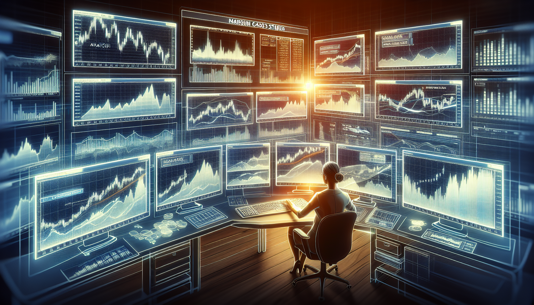 Create an image of an advanced trading setup, showing a professional trader in front of multiple monitors displaying complex charts and data. The trader is confidently analyzing the screens, integrating margin strategies with an overlay of various trading indicators. Include graphical elements highlighting Leveraging Margins and Risk Management, and place a small text box that reads Real-Life Case Studies. The overall atmosphere should be dynamic, modern, and focused, indicating the high-stakes world of margin trading on the NinjaTrader platform.