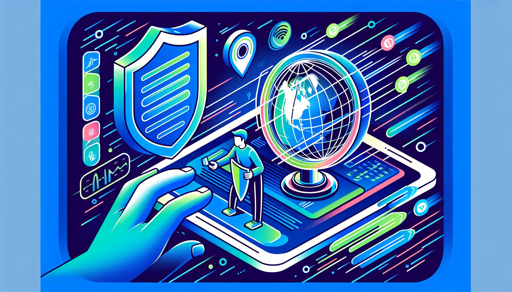 Create an image that shows a person browsing the internet securely with IPVanish. The scene should highlight key benefits: a shield icon representing privacy protection, a globe with location pins showing access to geographically restricted content, and speed lines to symbolize improved browsing speed and performance. The backdrop should subtly integrate the IPVanish logo or brand colors for cohesiveness.