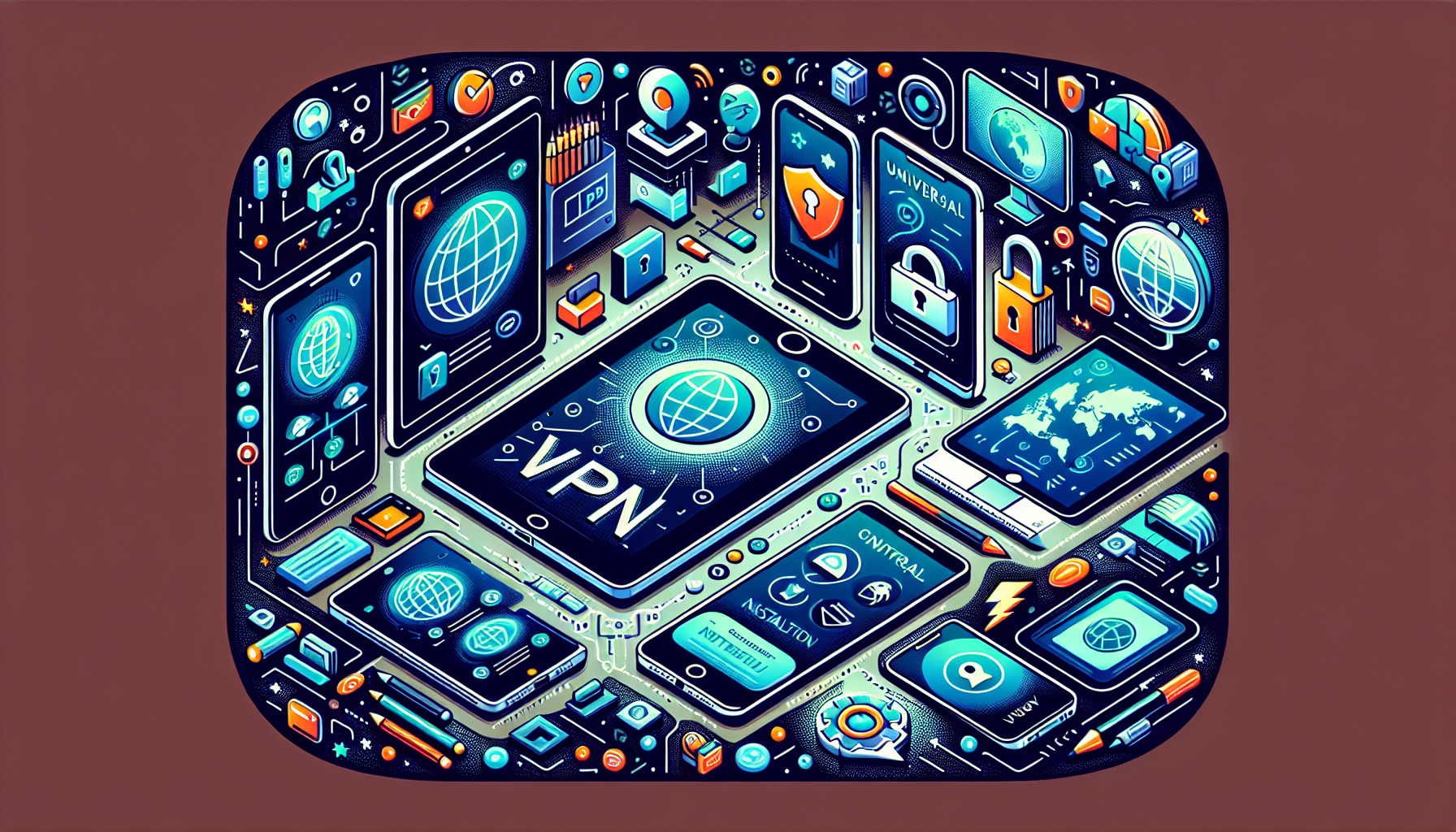 Create an image showcasing various devices and systems that are compatible with IPVanish, including smartphones, tablets, laptops, and desktop computers. Show a simple, user-friendly installation process on one of the devices, emphasizing ease of use and accessibility. Include icons or symbols representing additional useful features of IPVanish, like a secure lock, global access, and speed enhancement.