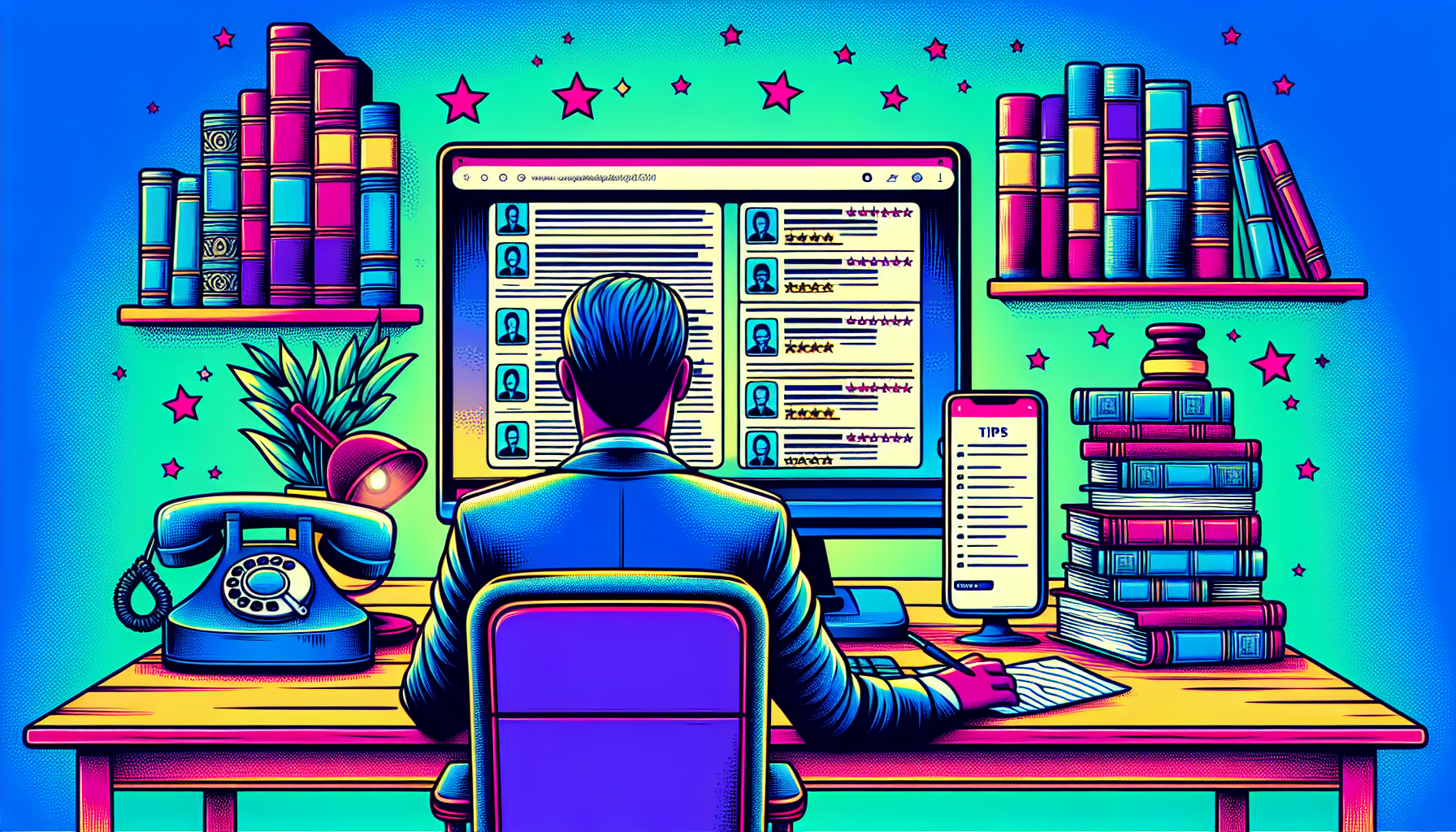 An image of a person sitting at a desk with multiple open tabs on a computer screen showing ratings and reviews on legal directories, next to a phone displaying a local bar association