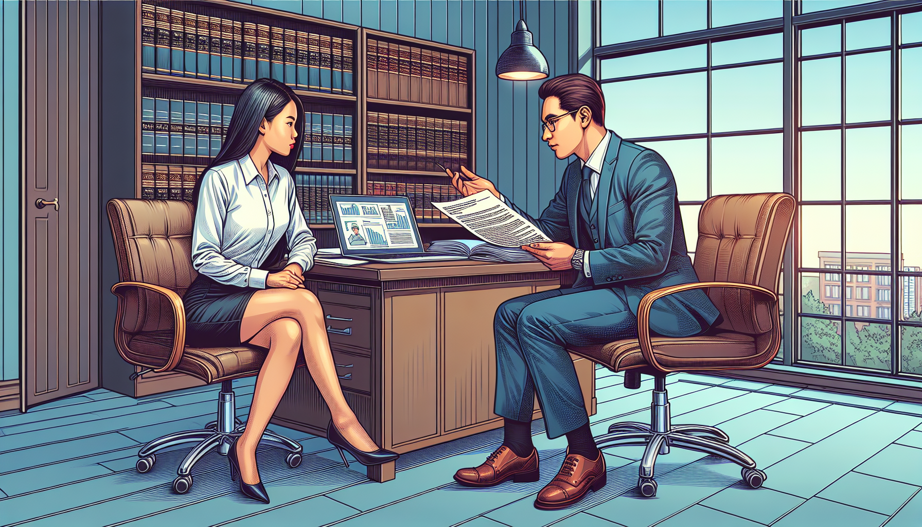 An illustrated scene of a potential client seated across a desk from a slip and fall lawyer in a well-decorated office. They are engaged in a serious conversation, with the client holding a notepad filled with a list of questions. The lawyer, appearing confident and professional, is explaining a document that outlines the legal process. Open law books and a laptop with legal websites on the screen are visible on the desk. The room conveys a sense of professionalism and trust.