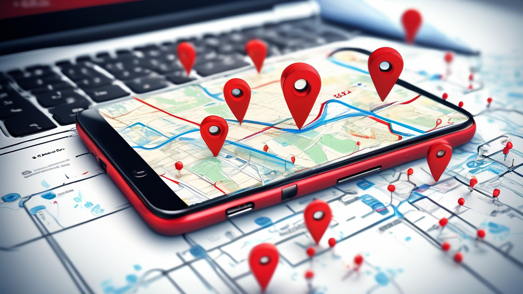 Detailed illustration of a busy interactive map on a smartphone screen, pinpointing various locations with red pins showing certified medical examiners for a DOT physical exam, against a backdrop of the FMCSA website open on a laptop with a search bar prominently displayed.