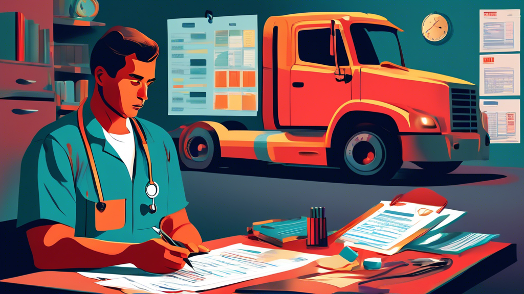 Visualize a calm and prepared truck driver arranging documents and medical records the night before a DOT physical exam, with a checklist of health tips and required tests like vision and blood pressure clearly visible on a table, while a calendar with the exam date circled is pinned on the wall behind.