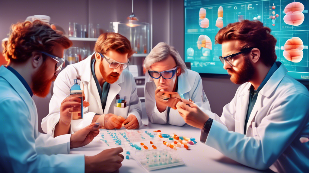 An animated scientific laboratory scene featuring researchers analyzing the chemical structure of Vitamin B1 and examining various hangover patches, including the B1 hangover patch, with a split screen showing different people using the patch and sharing their experiences, set against a backdrop of scientific charts and user review ratings.