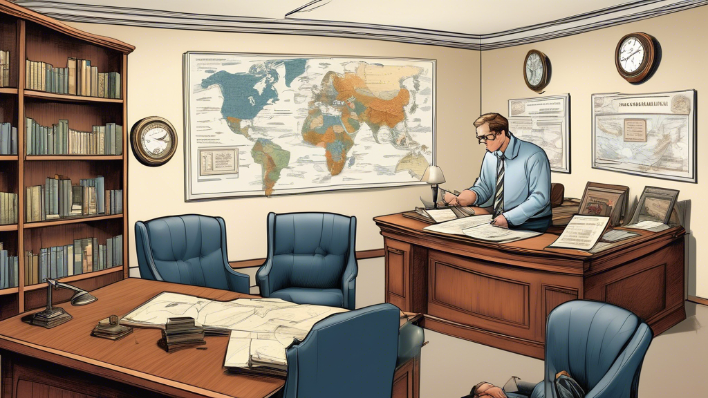 DALL-E prompt: Visualize a professional yet personable boat accident attorney in a well-organized office, surrounded by maritime law books, certificates, and client testimonials displayed prominently. The attorney is engaged in a serious discussion with a client, pointing towards a map of local waterways on the wall, illustrating their deep knowledge and local expertise.