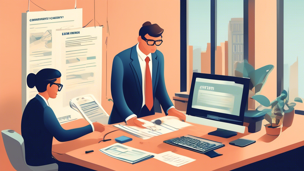 Depiction of a detailed step-by-step process where a figure is using a computer to search in a local law directory, then checking online reviews on a smartphone, and finally having an initial in-person consultation with a boat accident attorney in a modern office setting, symbolizing the evaluation phase of finding the right lawyer, with emphasis on attention to detail and professionalism.