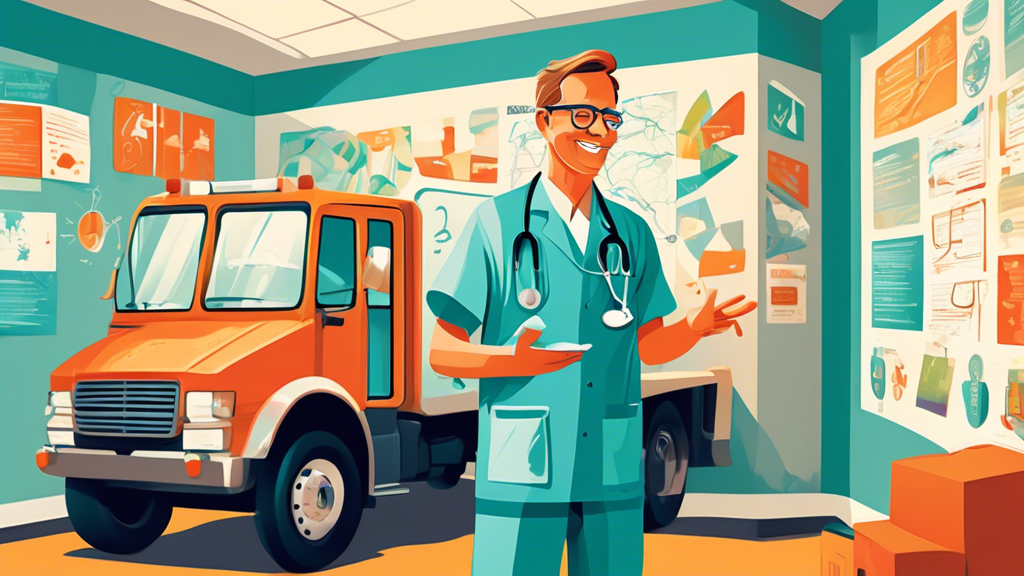 An illustration of a friendly doctor in a bright, cheerful clinic performing a Department of Transportation physical examination on a professional truck driver, with road maps and transportation icons decorating the walls.