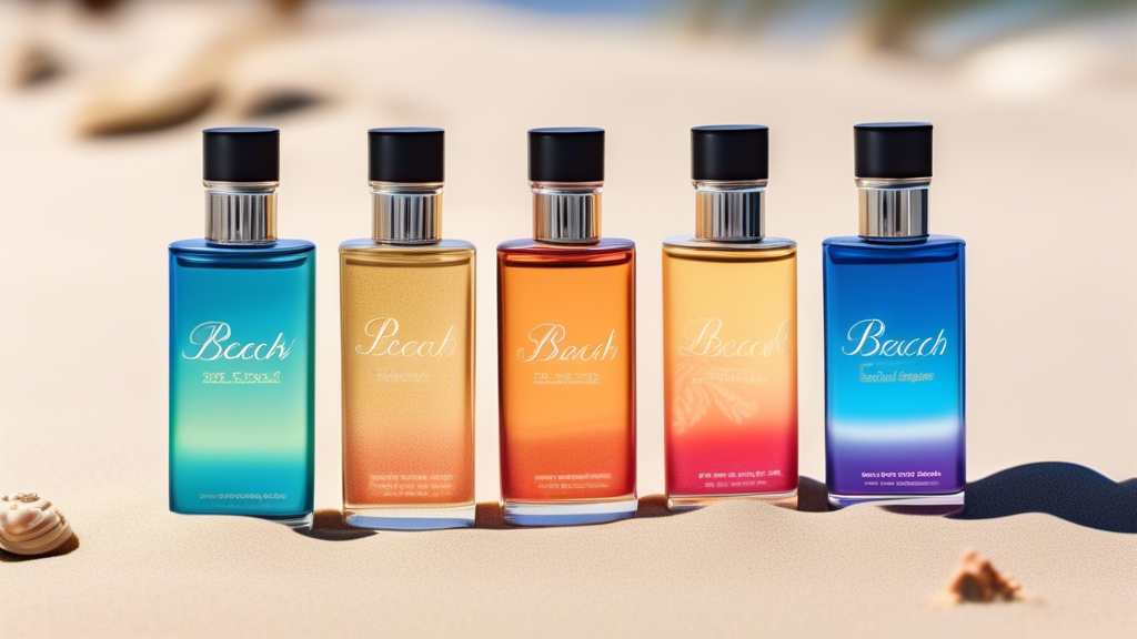 Create an image of three bottles of beach walk perfume replicas lined up on a sandy beach, with each bottle representing a different price range and availability. The bottles should be labeled with popular beach walk scent names, showcasing the variety of options and the tips mentioned for purchasing the perfect beach walk perfume replica.