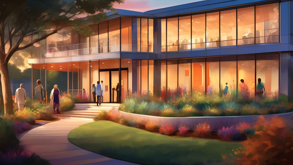 An elegant, modern building of a top-rated spine care clinic in Charlotte, NC at sunset, with warm lights and serene surroundings, dotted with patients of diverse backgrounds gently walking through a healing garden.