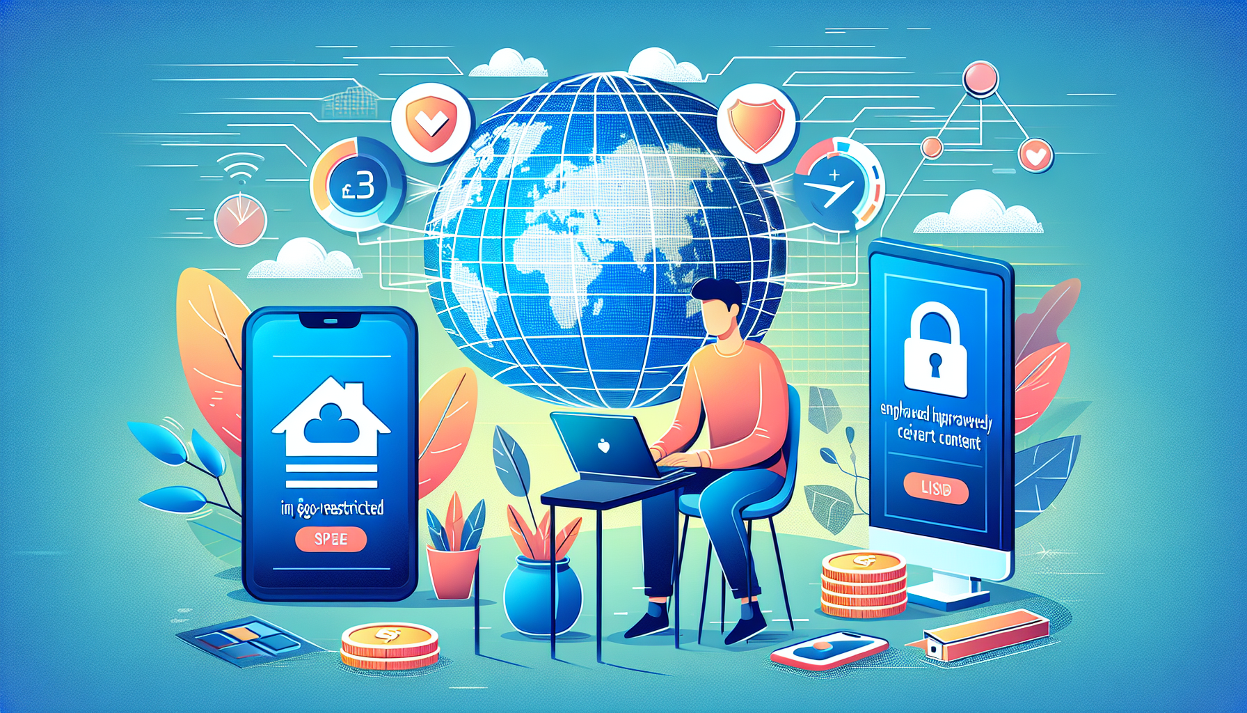 Create an image illustrating the benefits of using Smart DNS for enhanced online experiences. The scene should depict a user effortlessly accessing geo-restricted content on multiple devices (such as a laptop, smartphone, and smart TV) while icons representing improved internet speed, enhanced privacy, and cost savings surround the user. The setting should convey convenience and ease of use, highlighting key benefits like speed, privacy, and cost-effectiveness.