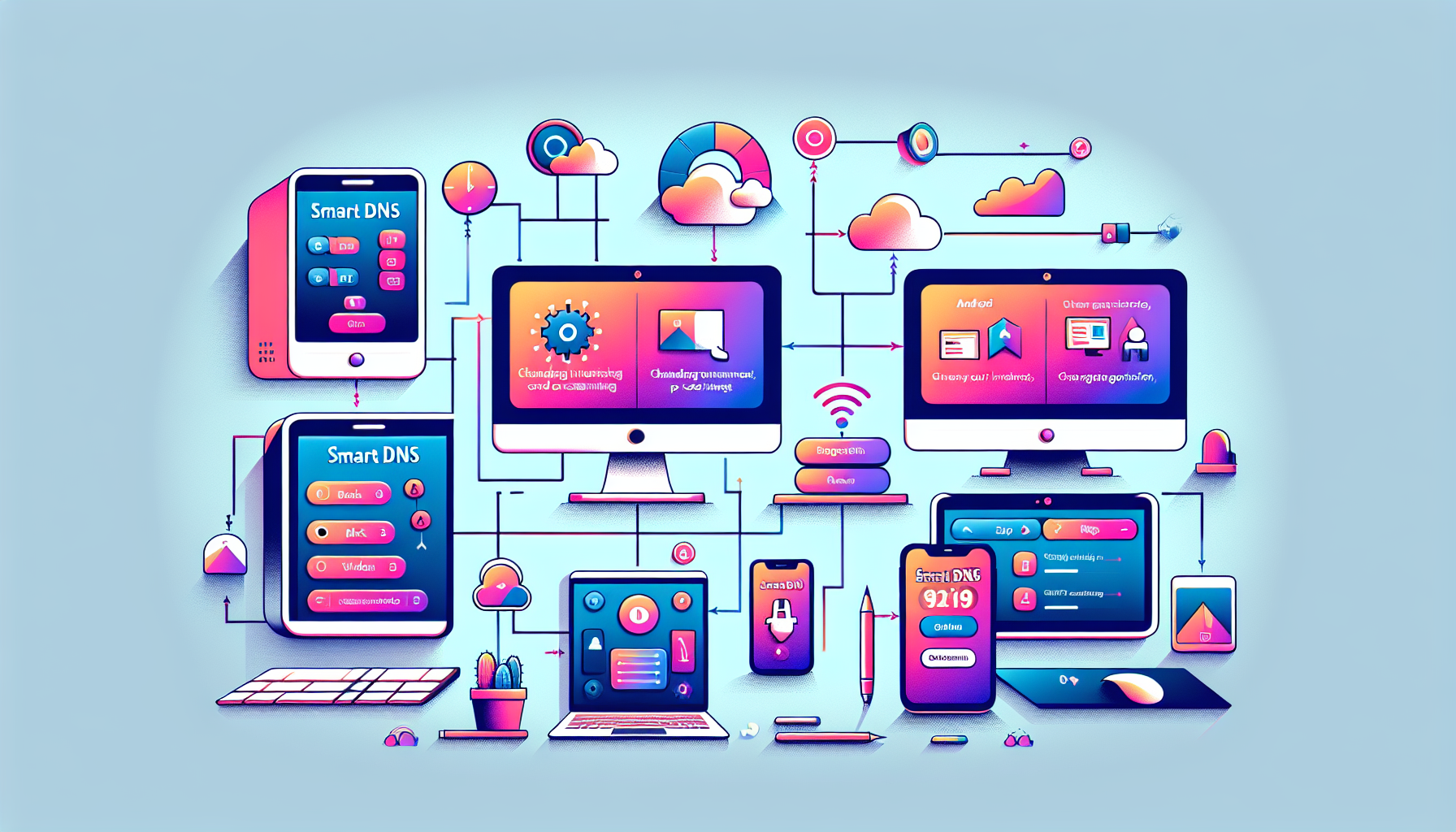 Create an image that depicts a user-friendly, step-by-step guide to setting up Smart DNS on various devices like Windows, Mac, Android, and iOS. The image should include a simplistic, visually appealing background with a central focus on illustrated devices (desktop, laptop, smartphone, and tablet). Each device should have graphical icons or simple diagrams that represent different setup steps, such as changing DNS settings, connecting to the internet, and troubleshooting. The image should convey a sense of ease and accessibility, making the setup process look straightforward and user-friendly. Use a pastel color palette for a modern and clean look.