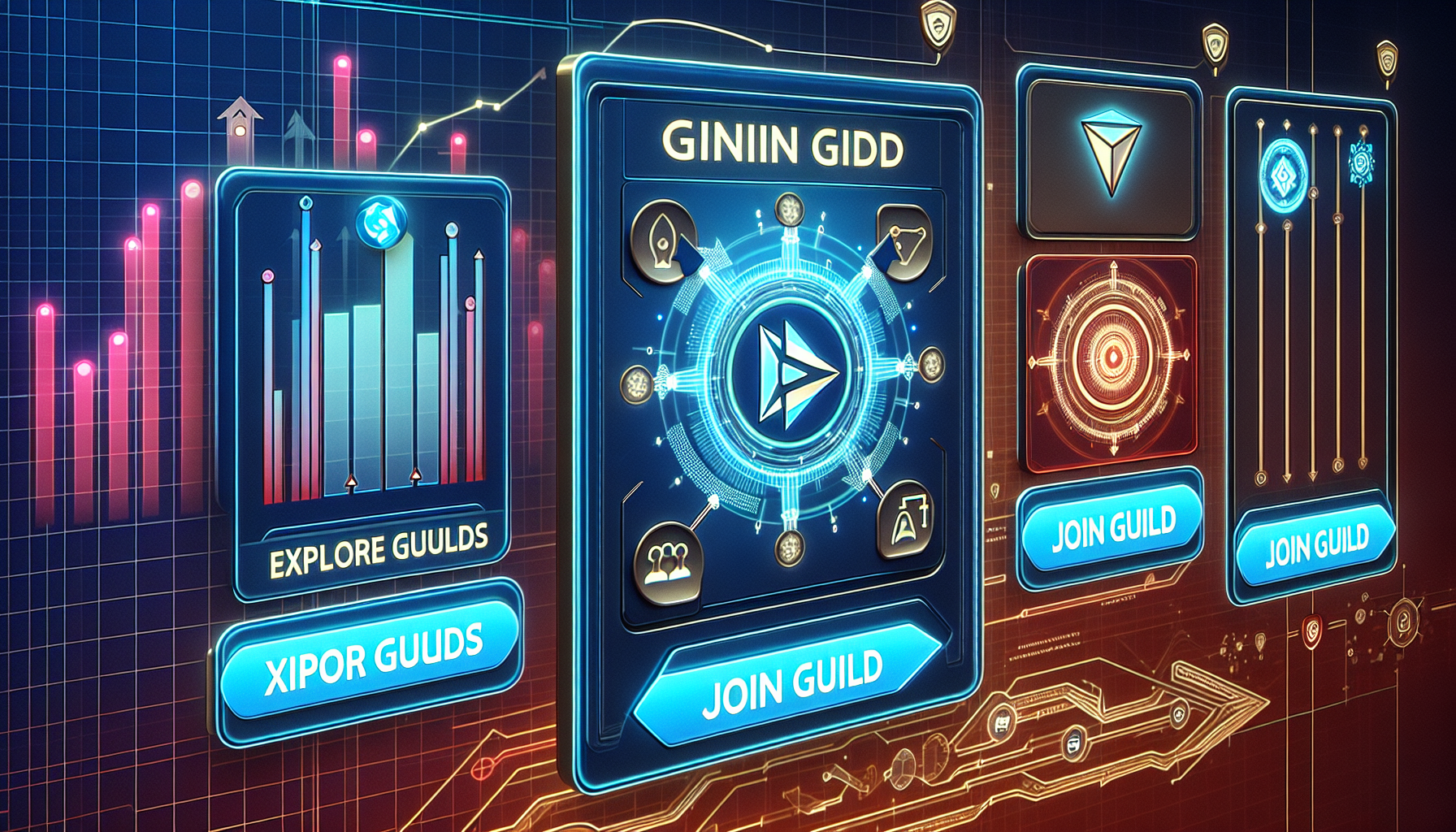 Prompt for DALL-E: Create a detailed and vibrant image illustrating the process of joining a guild on Bitstamp. Show a user interface with options to explore and join various guilds, featuring digital elements such as buttons labeled 