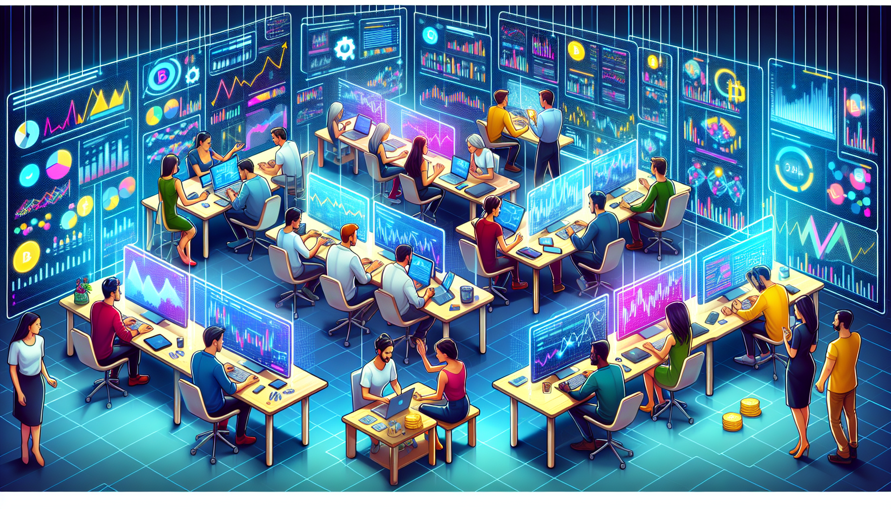 Create an image depicting a group of diverse crypto traders in a collaborative setting resembling a digital guild on Bitstamp. They are engaged in activities like communicating, analyzing market trends, and sharing insights on multiple screens and holographic displays. Include elements that represent tools and resources such as charts, graphs, and a Bitstamp logo. The atmosphere should be vibrant and dynamic, highlighting the synergy and success stories of traders working together.