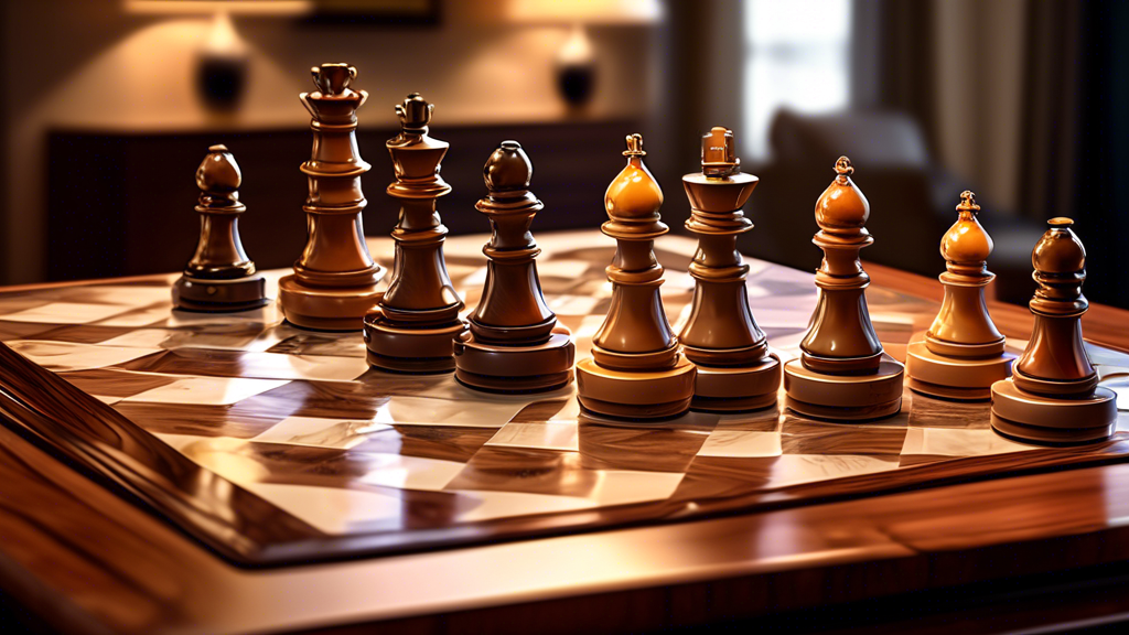 An array of high-end chess boards made from different luxurious materials like polished wood, sleek glass, and intricate marble, each with detailed inlays and carvings, displayed on a refined wooden table under soft, warm lighting to highlight their craftsmanship and unique design elements.