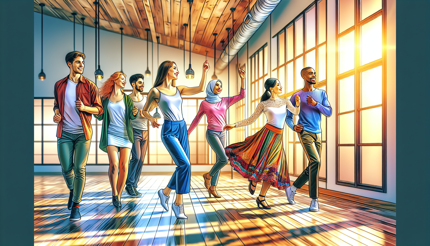 A vibrant digital painting of a young, enthusiastic woman teaching a diverse group of people to dance in a sunlit, spacious dance studio, with mirrors on the wall and a wooden floor, capturing a moment of joyful movement and learning.