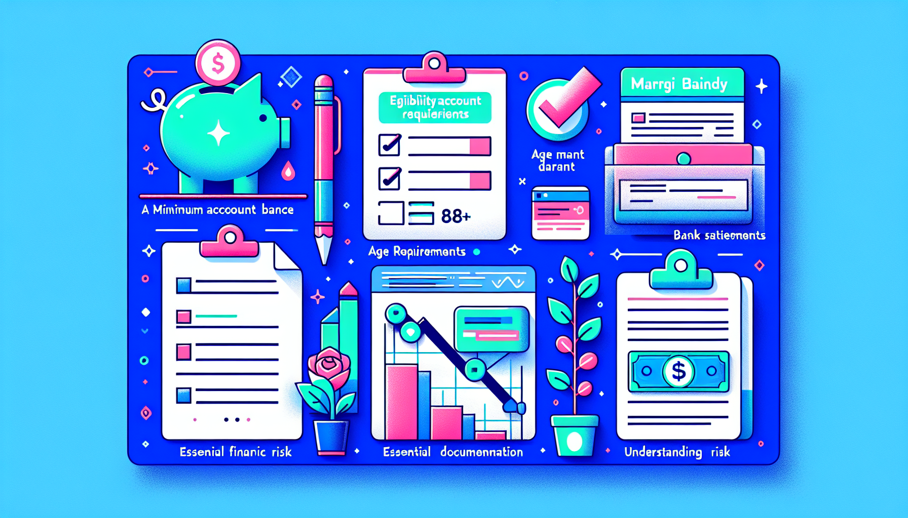 Create an informative and visually engaging illustration for an article about eligibility requirements for a Webull Margin Account. The image should feature an organized checklist with the following elements: a minimum account balance, age requirement (clearly depicting 18+), essential documentation (like ID and bank statements), and a visual representation of understanding financial risk with graphs or charts. Use a modern, vibrant aesthetic with Webull