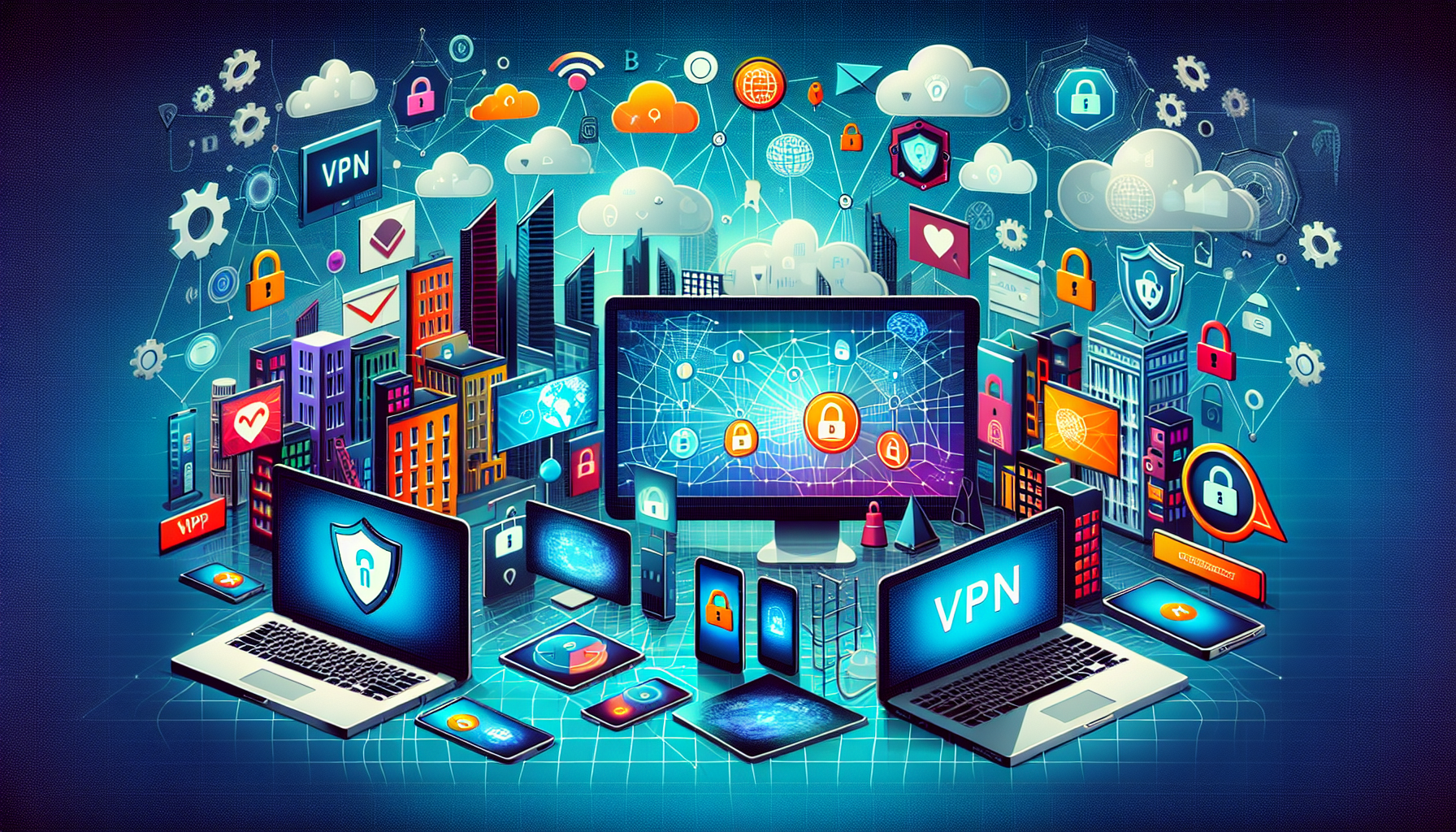 Create an illustration of a modern digital landscape where multiple devices (laptops, smartphones, tablets) are connected through a secure tunnel to a VPN server. Represent on-screen icons for popular activities such as streaming, torrenting, and accessing geo-restricted content. The backdrop should showcase elements of cybersecurity and privacy, with subtle locks and shields symbolizing protection. Add a banner or caption that reads, Beneficios y Utilidades de Usar una VPN en 2023.