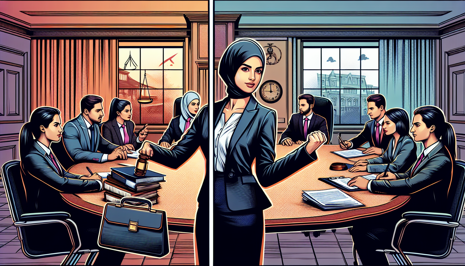 An experienced accident claims lawyer in a courtroom, confidently defending a client