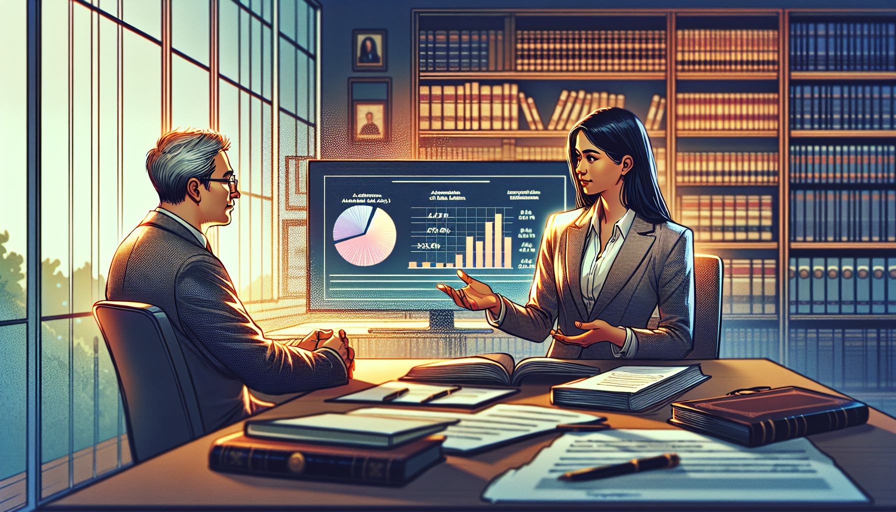 An inviting, professional office setting where a potential client is having an initial consultation with a confident and experienced accident claims lawyer. The lawyer is presenting statistics of success rates in similar cases on a digital screen while the client looks on attentively and takes notes. The atmosphere is of comfort and trust, with diplomas and legal books visible in the background. Soft, warm lighting enhances the sense of a safe and welcoming space for discussions.