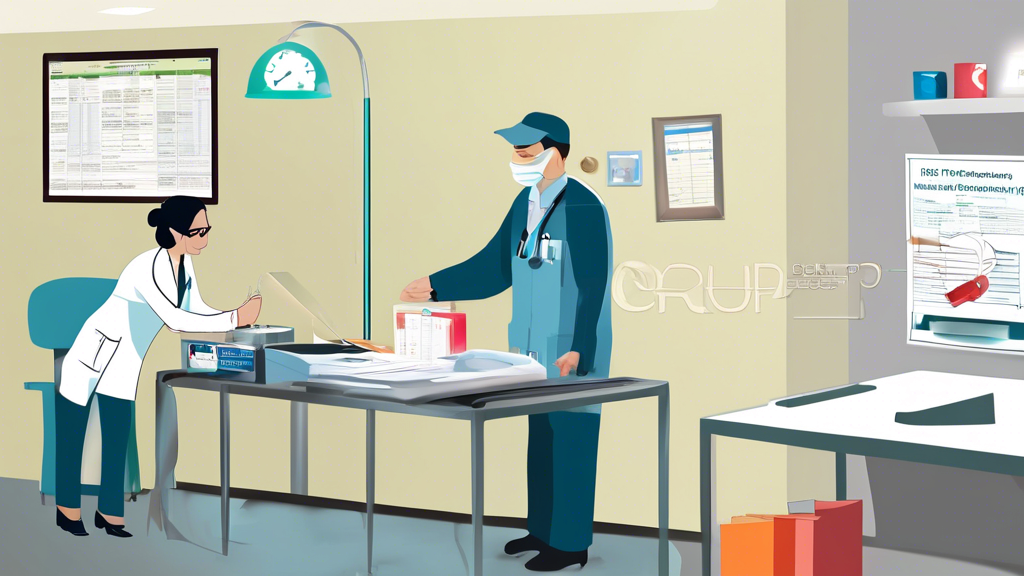 Digital illustration of a professional medical office setup for a DOT Medical Exam, depicting a driver handing over documents to a medical examiner. The room is equipped with essential medical tools and charts outlining necessary physical and medical criteria for the exam. Visualize a step-by-step guide displayed in the background, detailing the preparation and examination process.
