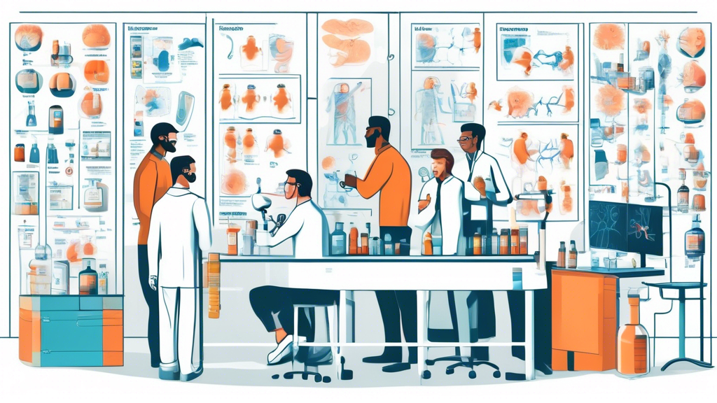 Create an illustration of a scientific lab where researchers are analyzing the effectiveness of various hangover patches. Include a side-by-side comparison display of hangover patches and traditional hangover remedies, with clear labels and a diverse group of scientists discussing the results. Visualize scientific charts, data analysis on computer screens, and a visible logo of Amazon on some products for context. Emphasize a modern, high-tech laboratory environment.