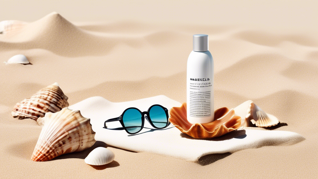 Create an image of a serene beach scene with a bottle of Maison Margiela Beach Walk 100ml placed on a sandy beach towel next to a pair of sunglasses and seashells, capturing the essence of relaxation and tranquility.