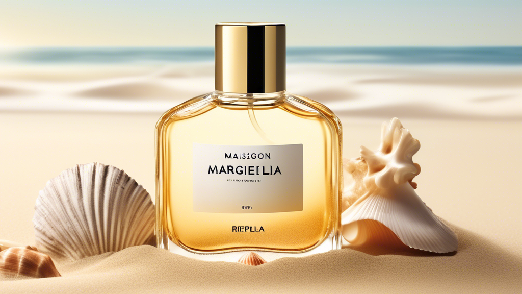 Create an image of a beach scene with a bottle of Maison Margiela Beach Walk 100ml placed on the sand, surrounded by seashells and a gentle ocean breeze ruffling through the background. The bottle is highlighted with golden sunlight, emphasizing its sleek design and elegance.