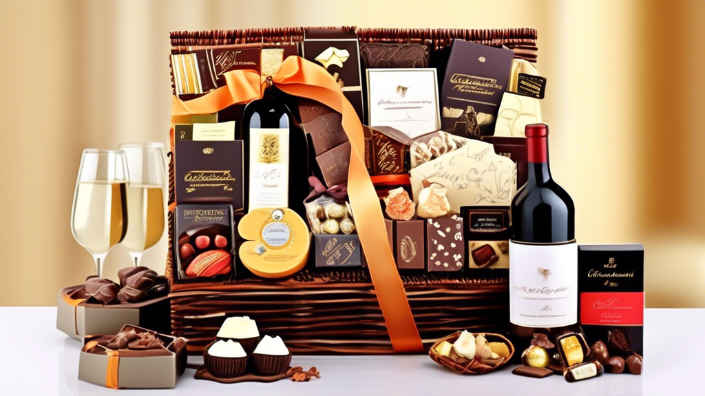 An elegant chocolate hamper adorned with a variety of gourmet chocolates including dark, milk, and white chocolates, some filled with exotic flavors, displayed in a beautifully crafted basket with a personalized ribbon. The hamper also includes thematic add-ons like a small bottle of wine and fine cheeses, all arranged aesthetically to emphasize luxury and quality, ideal for a special occasion.