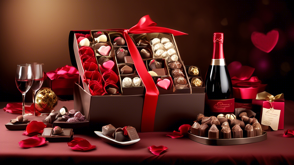 An elegant chocolate hamper arranged on a table, designed specifically for romantic occasions with an assortment of sensual and rich chocolates including heart-shaped pralines and red velvet truffles, adorned with subtle rose petals and sophisticated ribbon decorations, creating a perfect atmosphere for anniversaries or Valentine’s Day.