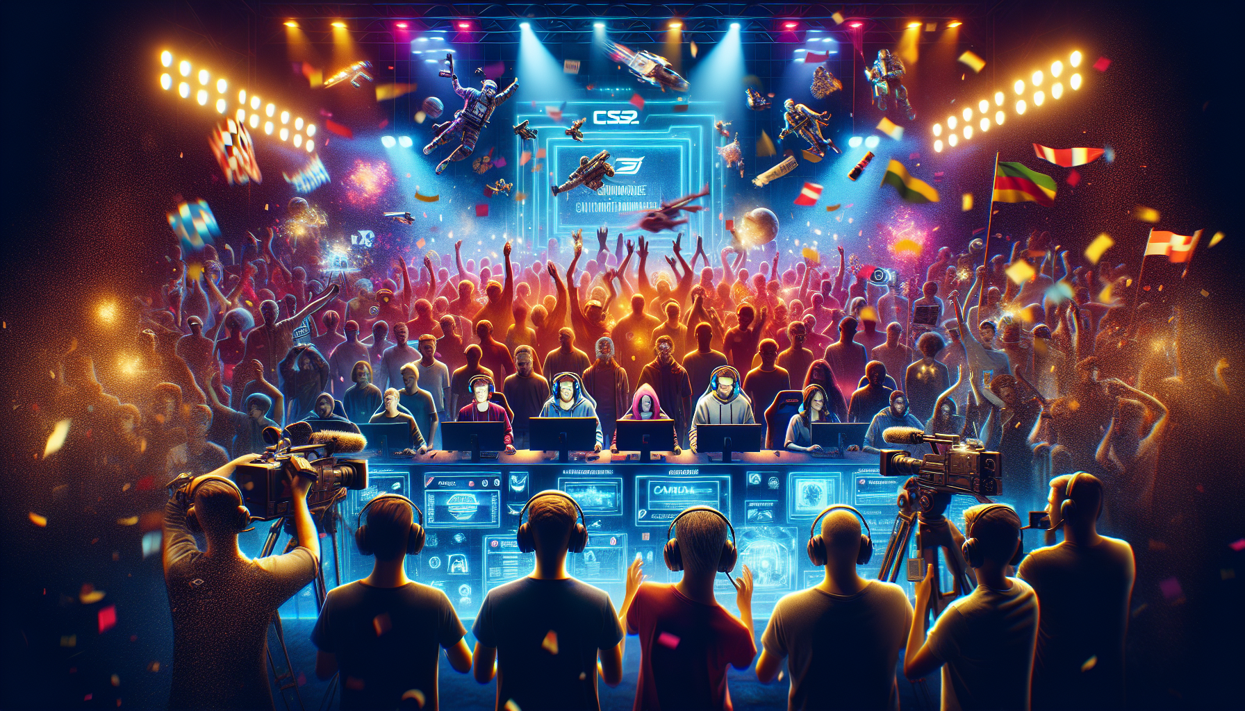 Create a vibrant and dynamic scene showcasing the Clash GG gaming tournament in Lithuania, highlighting key factors of its popularity. In the foreground, depict enthusiastic gamers of various ages and backgrounds playing together, symbolizing community involvement. Surround them with vibrant, celebratory elements like banners and confetti. In the background, incorporate media coverage elements, such as cameras and interviewers, capturing the excitement while emphasizing the social events that make the tournament a hit. Include visual cues of the tournament