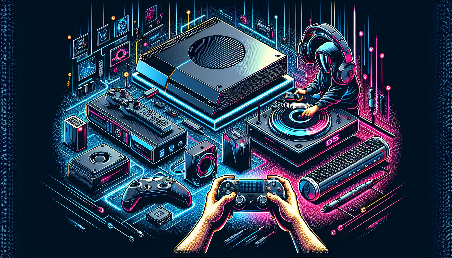 Prompt for DALL-E:

Create an image depicting an ultimate PS4 gaming setup, showcasing a gamer using high-quality controllers and a premium gaming headset. Include accessories like an external storage device and a sleek PS4 Pro console. The background should highlight a modern and immersive gaming environment with LED lighting for a futuristic feel.