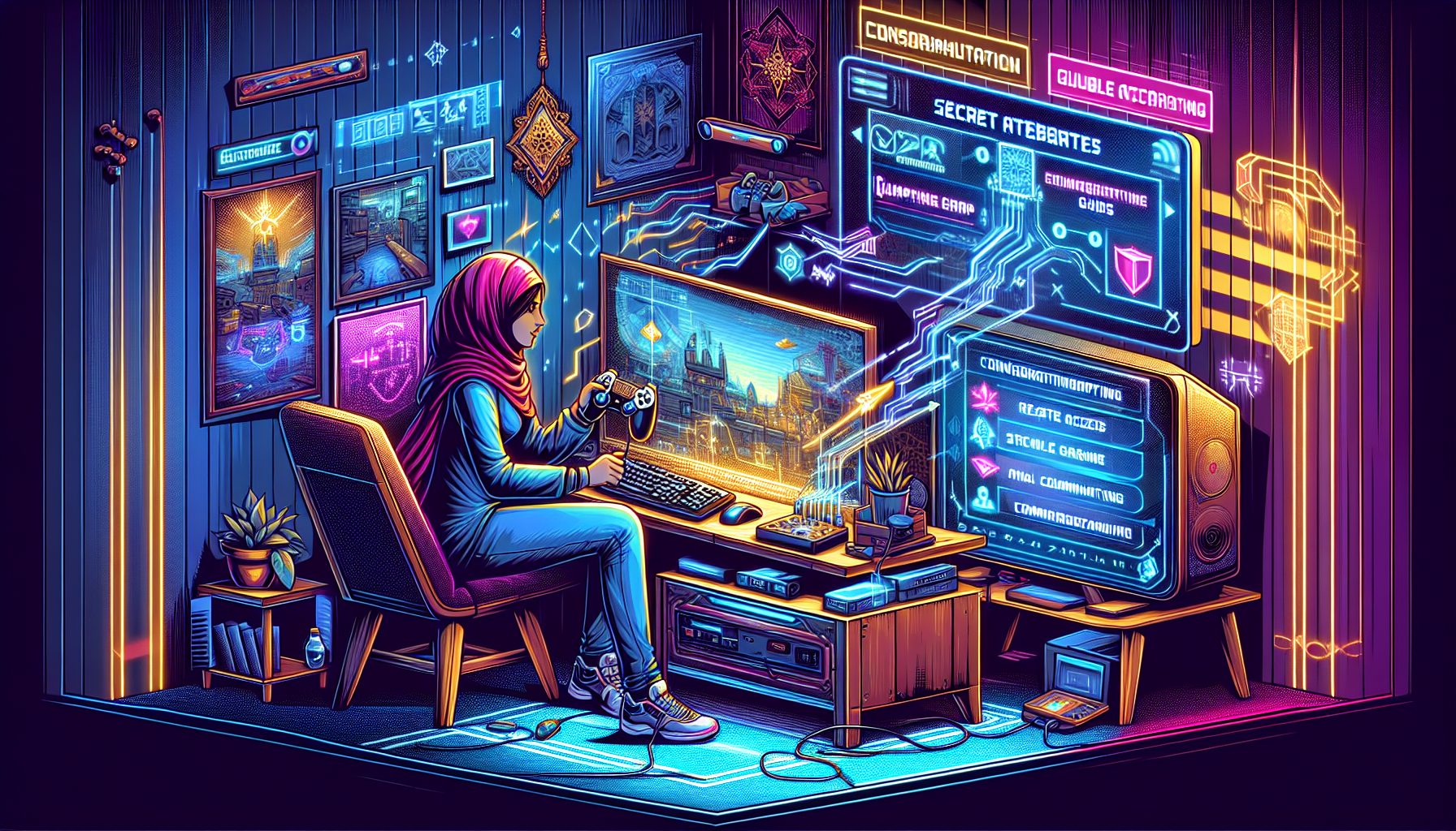 Prompt: A vibrant and dynamic scene showcasing a PS4 gamer discovering hidden features and tips on their console. The gamer is sitting comfortably in a modern gaming setup, with a focus on utilizing remote play on a tablet, streaming on a dual-monitor setup, and sharing gameplay on social media. Include visual elements like a detailed PS4 interface displaying settings pages, shortcut menus, and the social sharing features in action. The background should have a cozy but high-tech feel, with gaming posters and LED lighting to enhance the immersive experience.