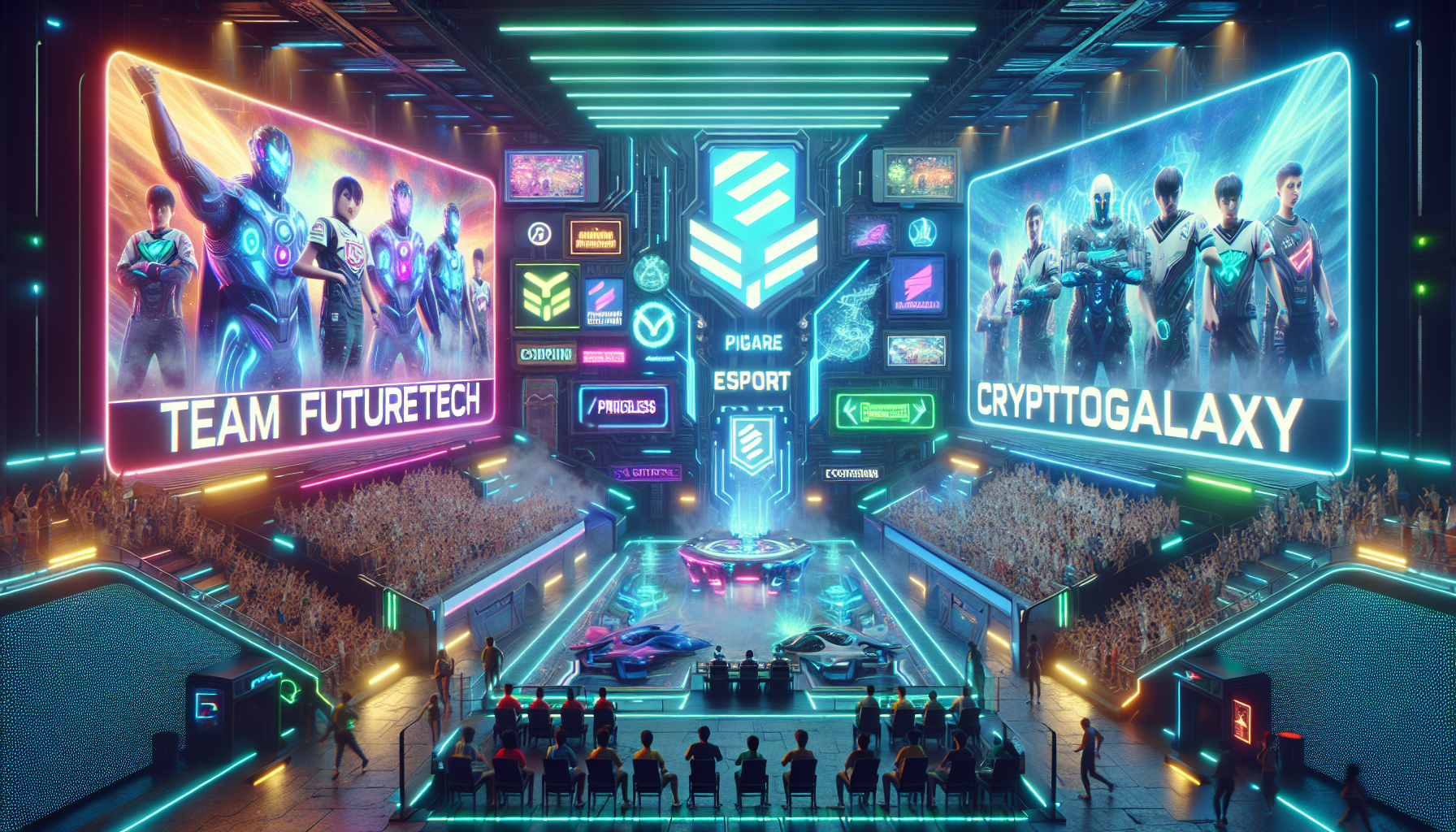 Create an image depicting a futuristic esports stadium, filled with enthusiastic fans. In the foreground, show two giant digital billboards displaying the logos of TSM and FTX, highlighting their partnership. Illustrate the vibrant atmosphere with neon lights and holographic advertisements, and include some other fictional esport team logos to suggest a ripple effect. The scene should exude an aura of high-value, cutting-edge technology, and excitement for the future of esports sponsorship.