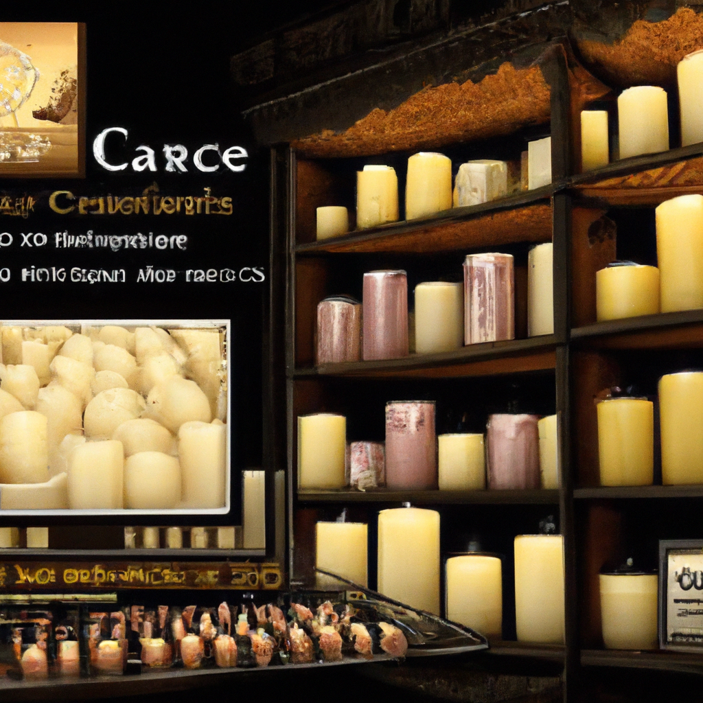 Create an image that shows a cozy, well-lit candle shop in New Zealand, with shelves lined with various affordable scented candles. Include a mix of physical elements like store signage indicating discounts and special offers, and an inset that shows a list of popular online retailers